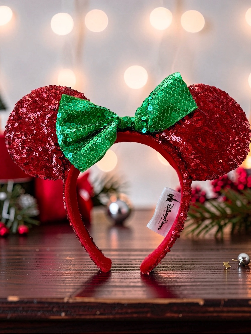 Disney Parks Minnie Mouse Red Green Sequin Christmas Ears Headband